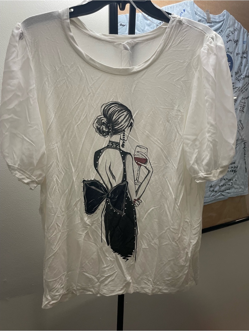 LoveShackFancy White Tee with Black Fashion Illustration and Red Wine Detail